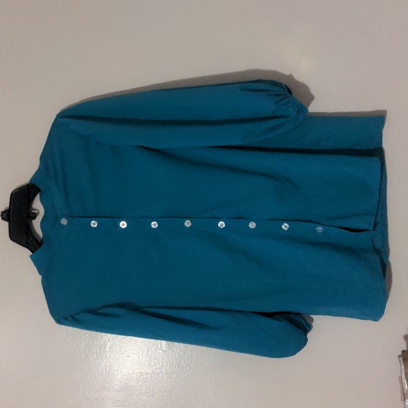 Teal color cuffed button up blouse top non branded no size no label top - Picture 1 of 10